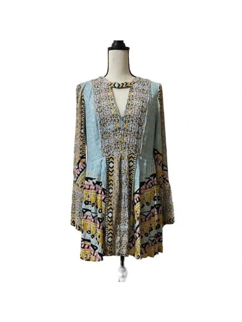 Free People Tegan Blue Borders Keyhole Long Sleeve Mini Dress - Picture 7 of 8